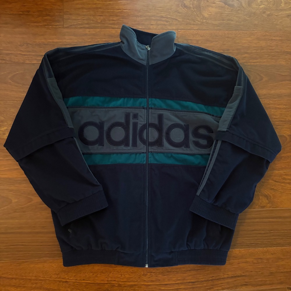 Adidas Mens Equipment Vintage Track Jacket XL Navy Teal Grey Velour Full Zip